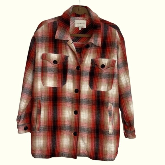 Lucky Brand Women’s Medium Plaid Unisex Red Black Plaid Jacket Autumn - Picture 1 of 10